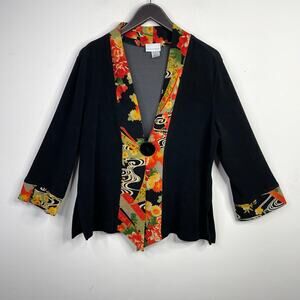 Vintage Y2K Soft Surroundings Black Crepe Knit Kimono Asian Flowy Artsy Jacket L